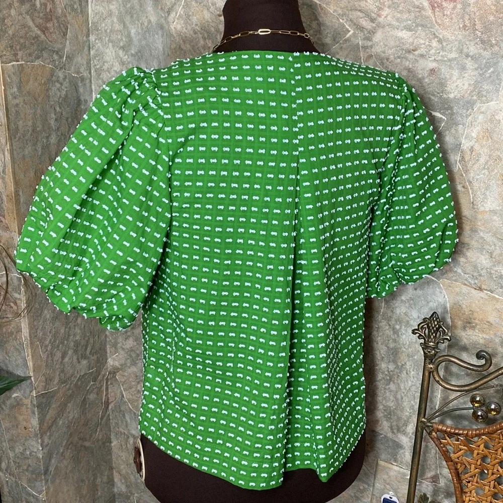 Kate Spade textured puff sleeve shirt top blouse tunic puff sleeves bow pleated - Picture 3 of 11